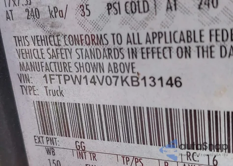 2007 Ford F-150 из США, поврежденный, VIN 1FTPW14V07KB13146